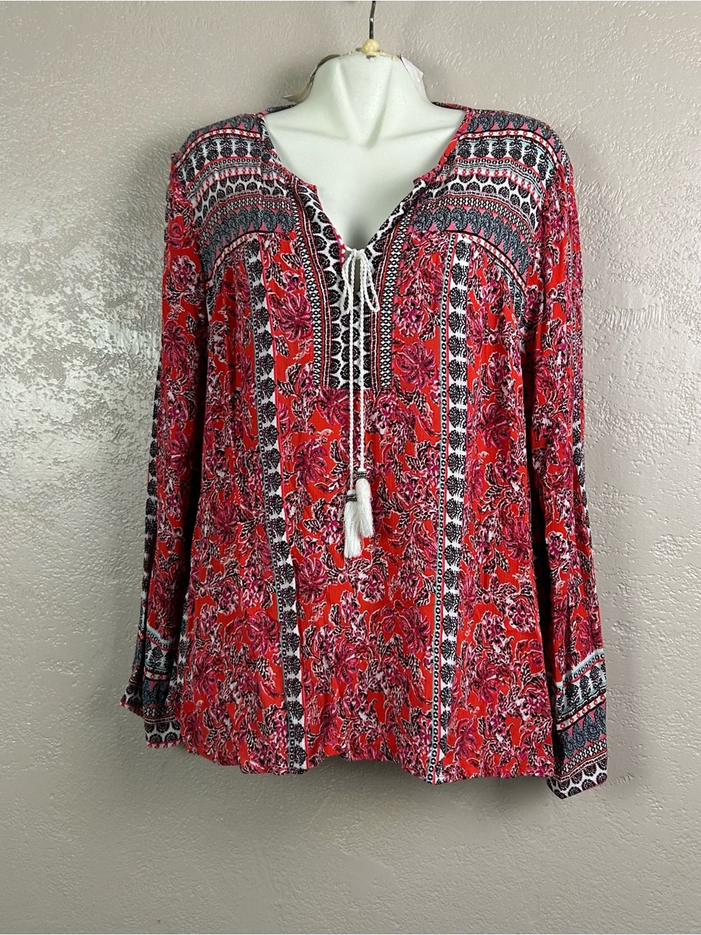 5 for $30 Hannah Red & Black Floral Tassel Peasant Tunic